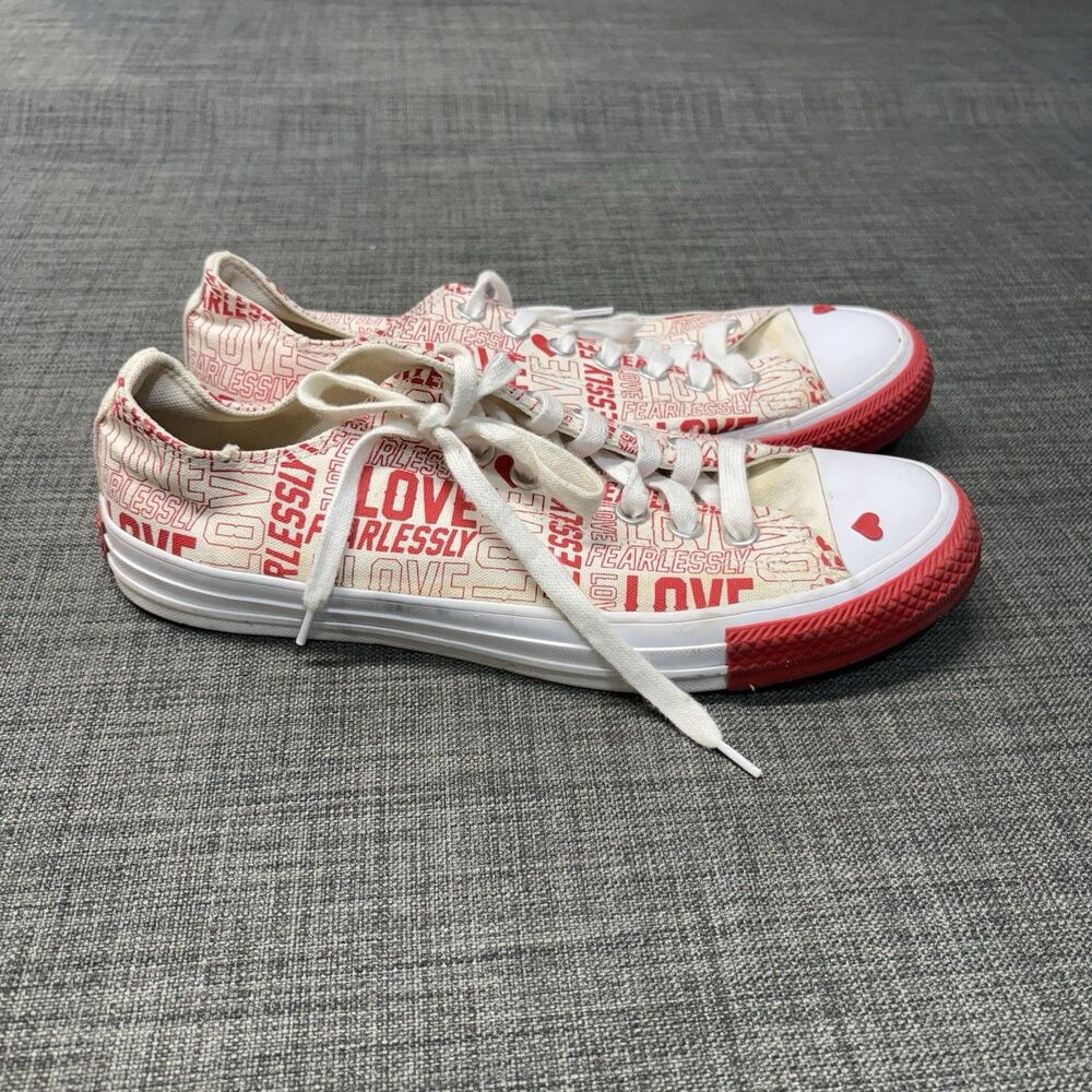 Converse All Star Low Top Canvas Lace-Up Sneakers White/Red Love Fearlessly 10.5